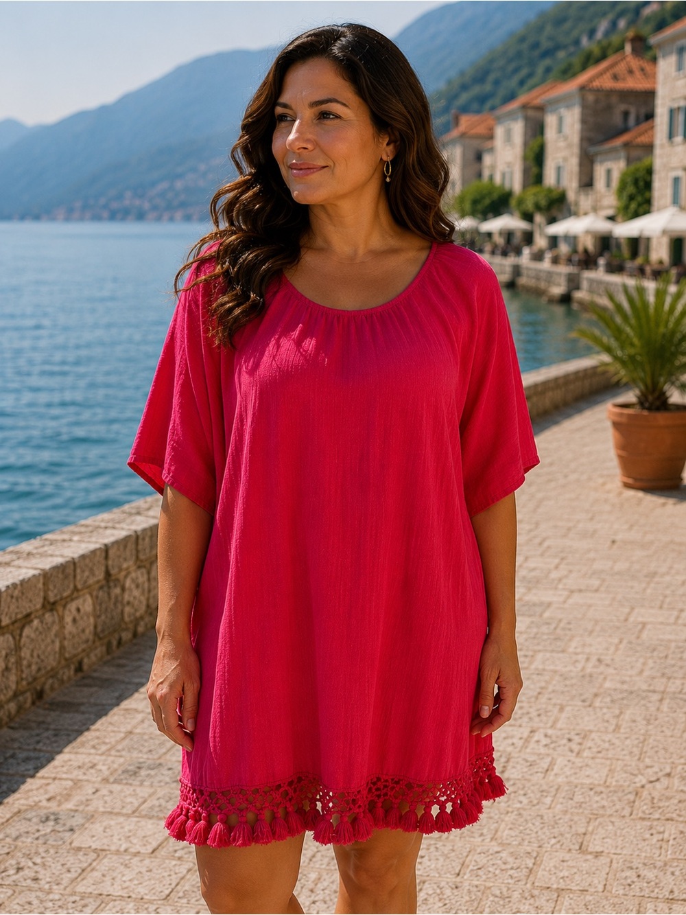 Red Ruffled Short Sleeve Swim Coverup with Mandarin Collar 🌴☀️